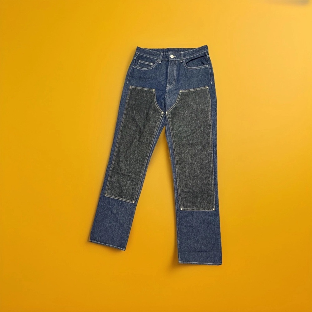 Women’s high rise double knee wide leg black and blue denim jeans